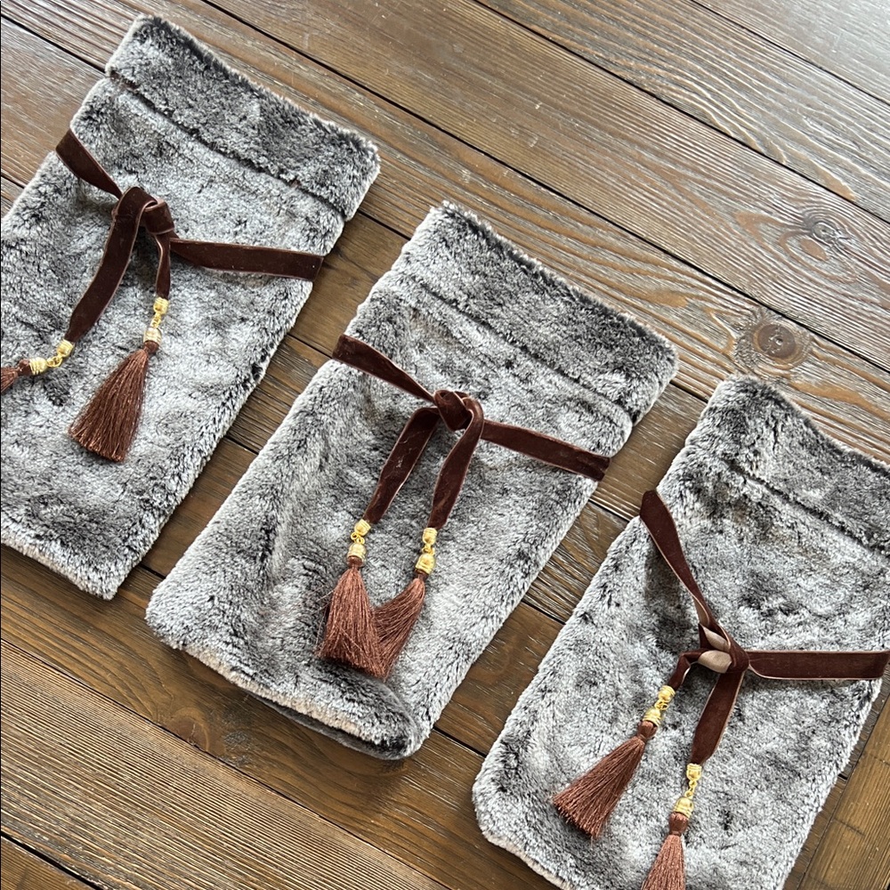 Set of 3 Gray and Brown Faux Fur Pouches with Tassels gift bags